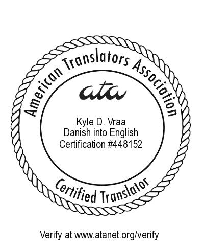 Kyle Vraa certification seal Danish to English
